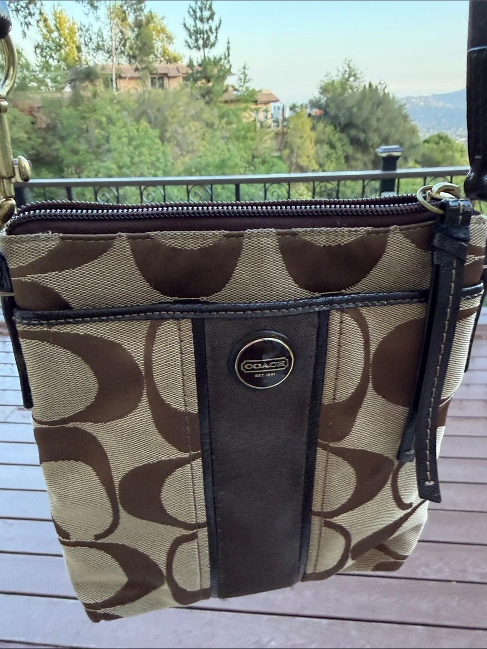 Coach Brown Signature Canvas Crossbody with Leather Trim